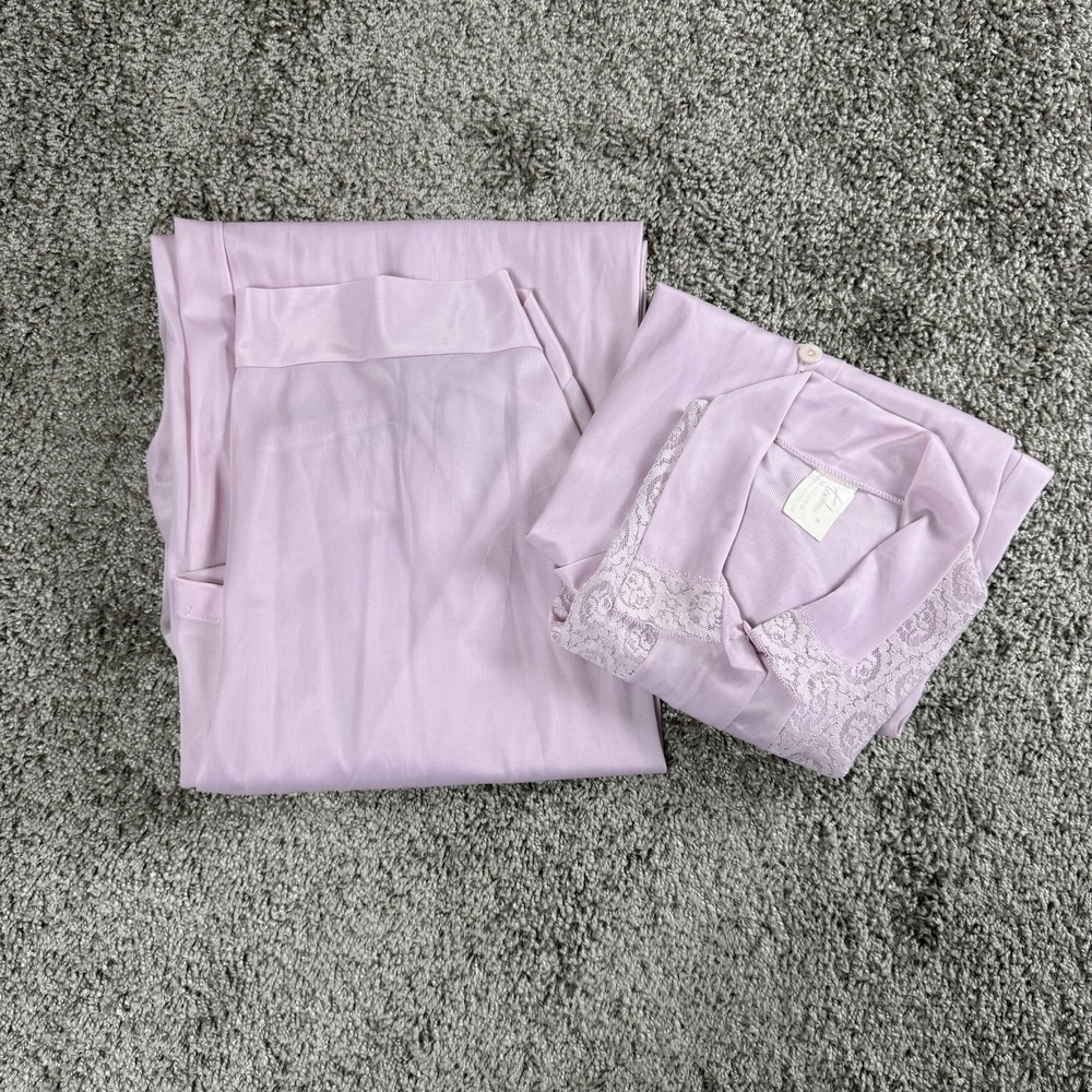 VTG Texsheen Womens Pajama Set M/L Cottagecore Coquette Lavender Tricot Lace 70s